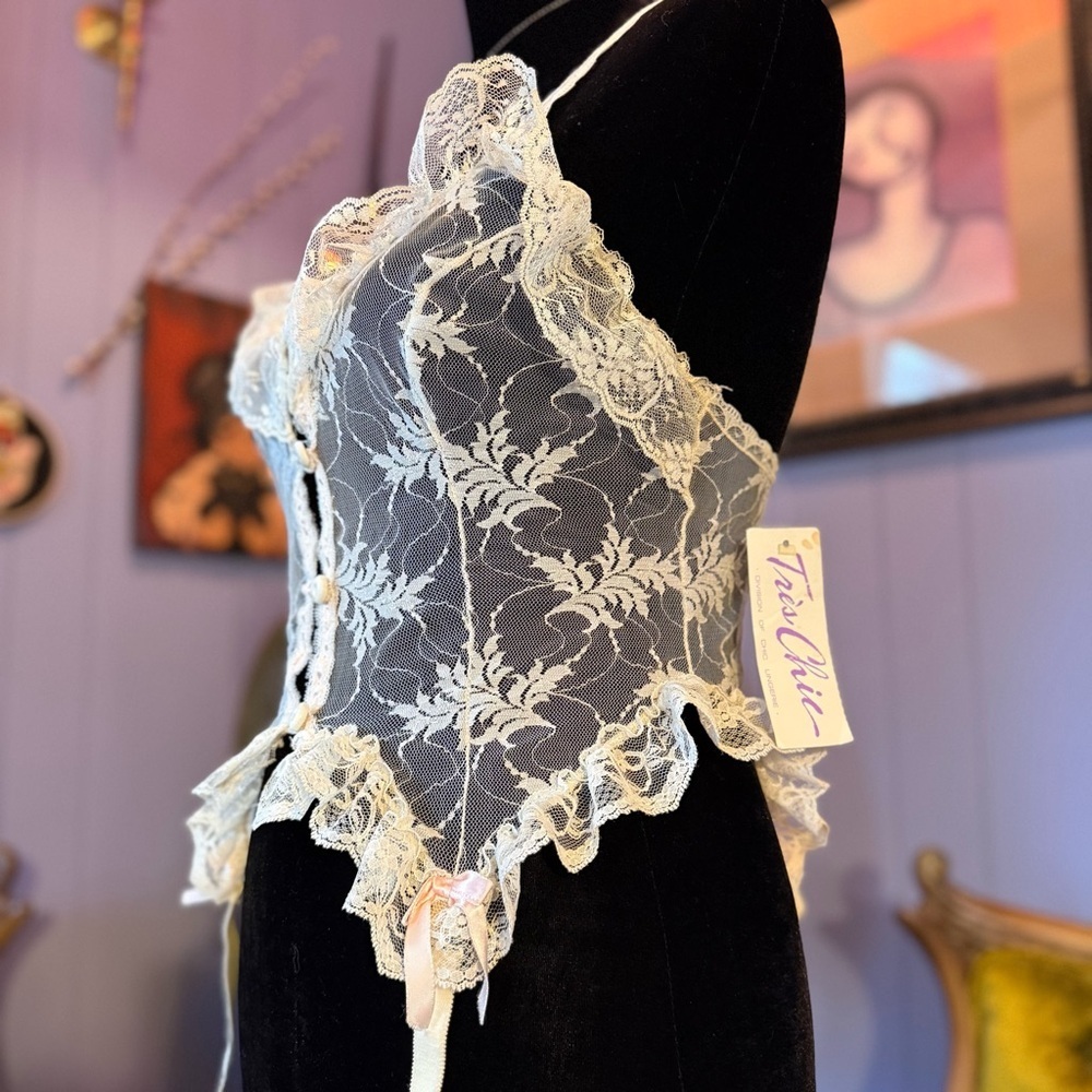 Vintage Pandora Lingerie by Chic Lace Garter Camisole In Soft Ivory And Pink - Picture 6 of 10